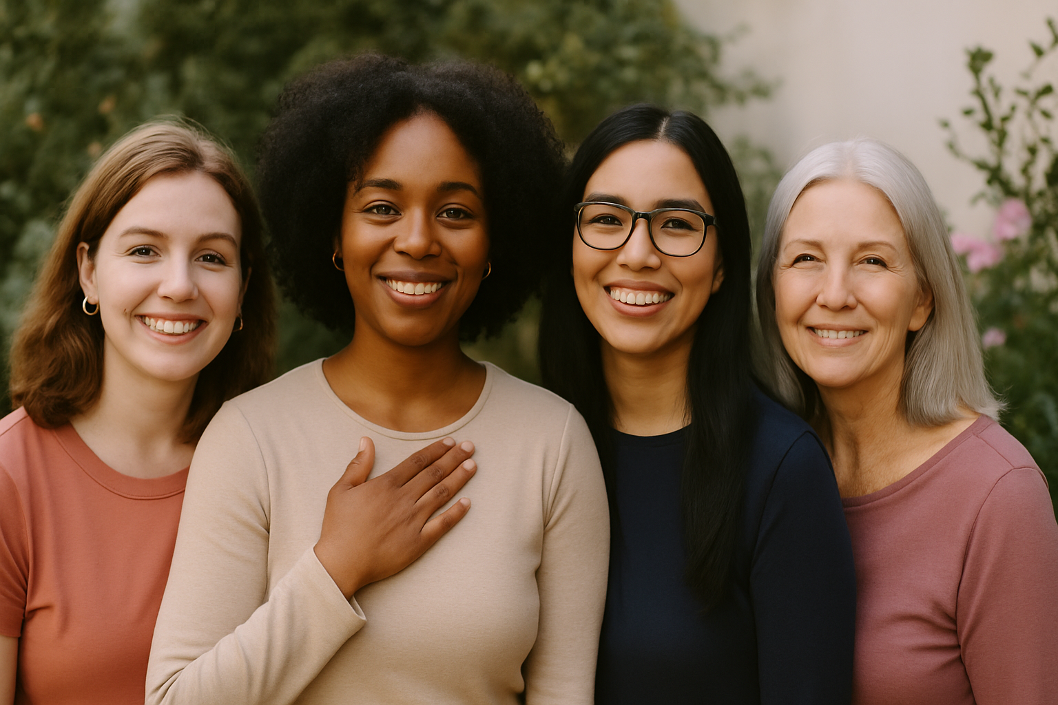 A group of diverse women smiling together outdoors, symbolizing unity, strength, and wellness in celebration of Women’s Health.
