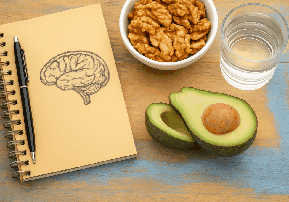 A top-down view of a notebook with a hand-drawn brain sketch, a bowl of walnuts, a glass of water, and sliced avocado on a rustic wooden surface, symbolizing boosting brain health naturally.