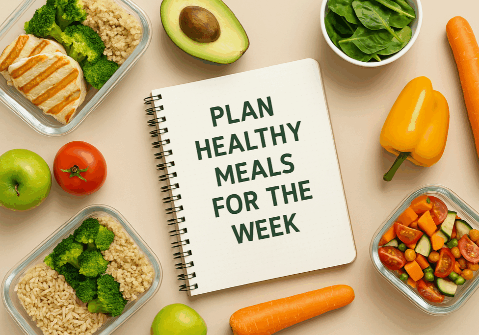 healthy meal planning setup with a notebook, grilled chicken, vegetables, quinoa, and fresh produce on a beige background.
